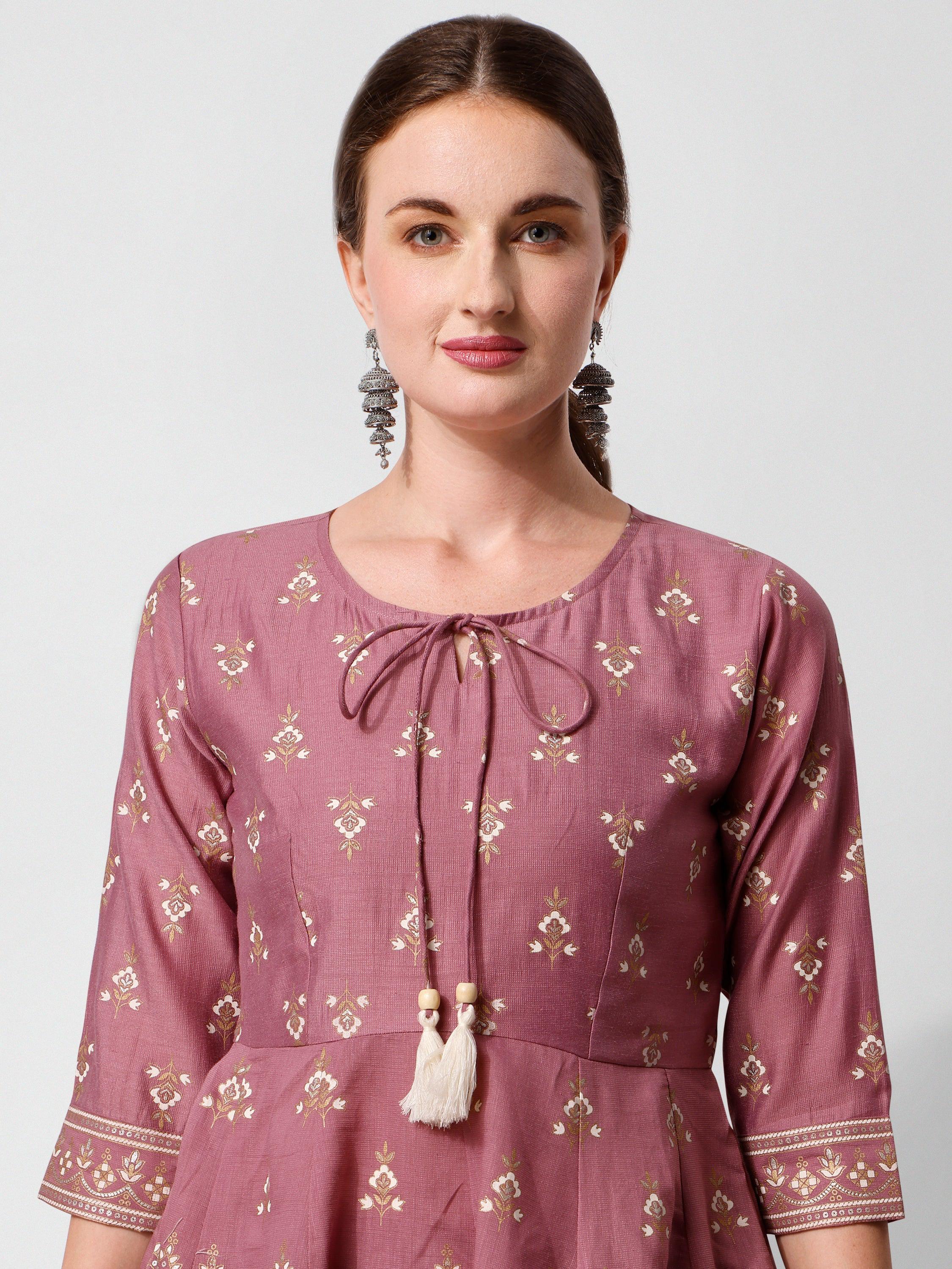 Anarkali Printed Kurta Suit With Pant And Dupatta Set, Multicolor - Hiral Fashion | Grocsy