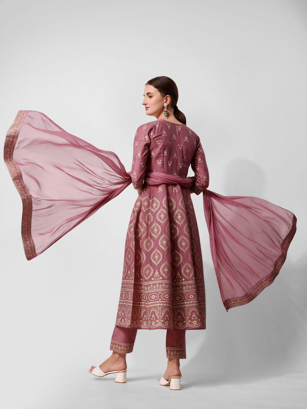 Anarkali Printed Kurta Suit With Pant And Dupatta Set, Multicolor - Hiral Fashion | Grocsy