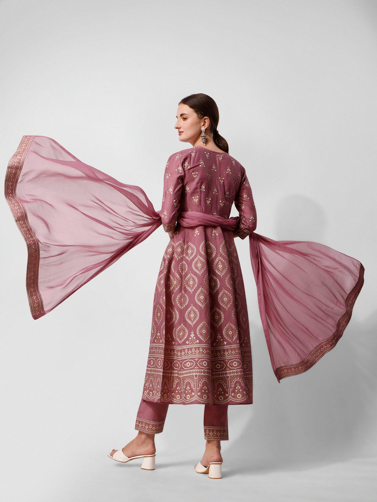 Anarkali Printed Kurta Suit With Pant And Dupatta Set, Multicolor - Hiral Fashion | Grocsy