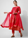 Anarkali Hot Printed Kurta Suit With Pant And Dupatta Set, Multicolor - Hiral Fashion | Grocsy