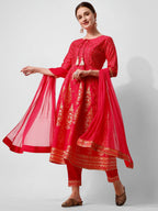 Anarkali Hot Printed Kurta Suit With Pant And Dupatta Set, Multicolor - Hiral Fashion | Grocsy
