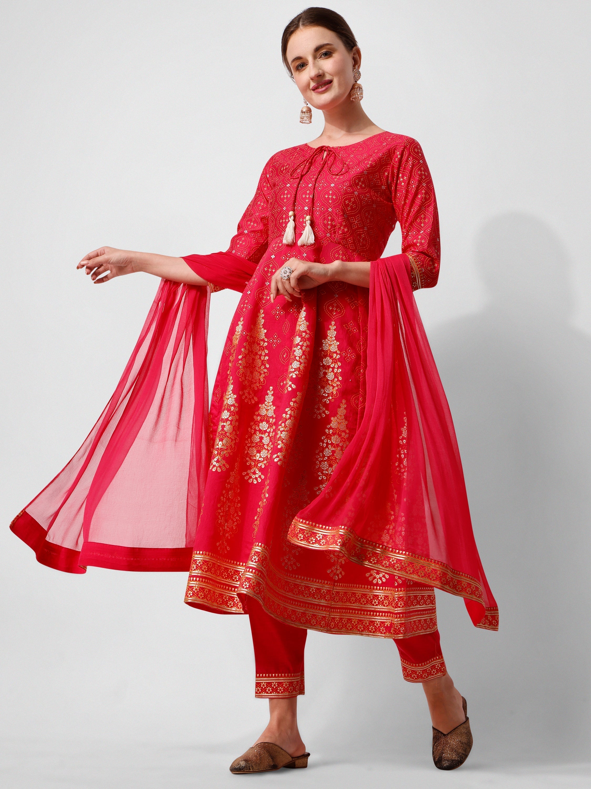 Anarkali Hot Printed Kurta Suit With Pant And Dupatta Set, Multicolor - Hiral Fashion | Grocsy