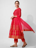 Anarkali Hot Printed Kurta Suit With Pant And Dupatta Set, Multicolor - Hiral Fashion | Grocsy