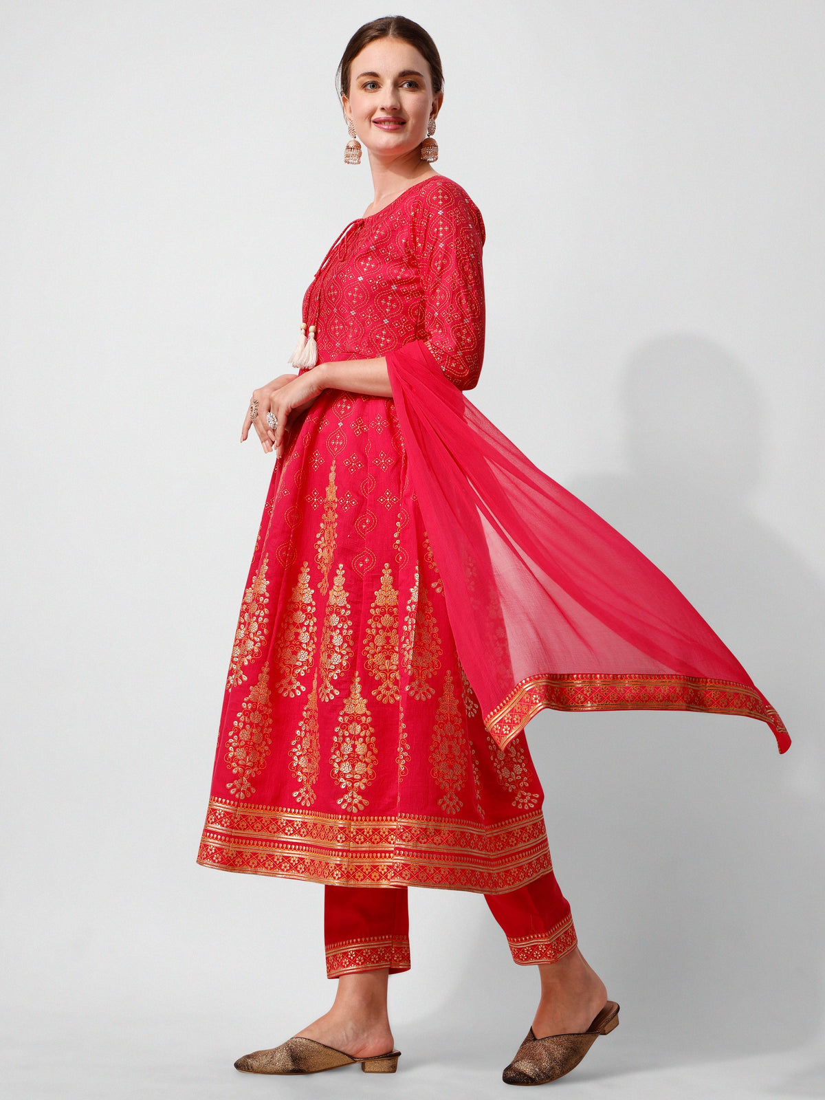 Anarkali Hot Printed Kurta Suit With Pant And Dupatta Set, Multicolor - Hiral Fashion | Grocsy