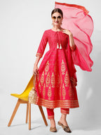 Anarkali Hot Printed Kurta Suit With Pant And Dupatta Set, Multicolor - Hiral Fashion | Grocsy