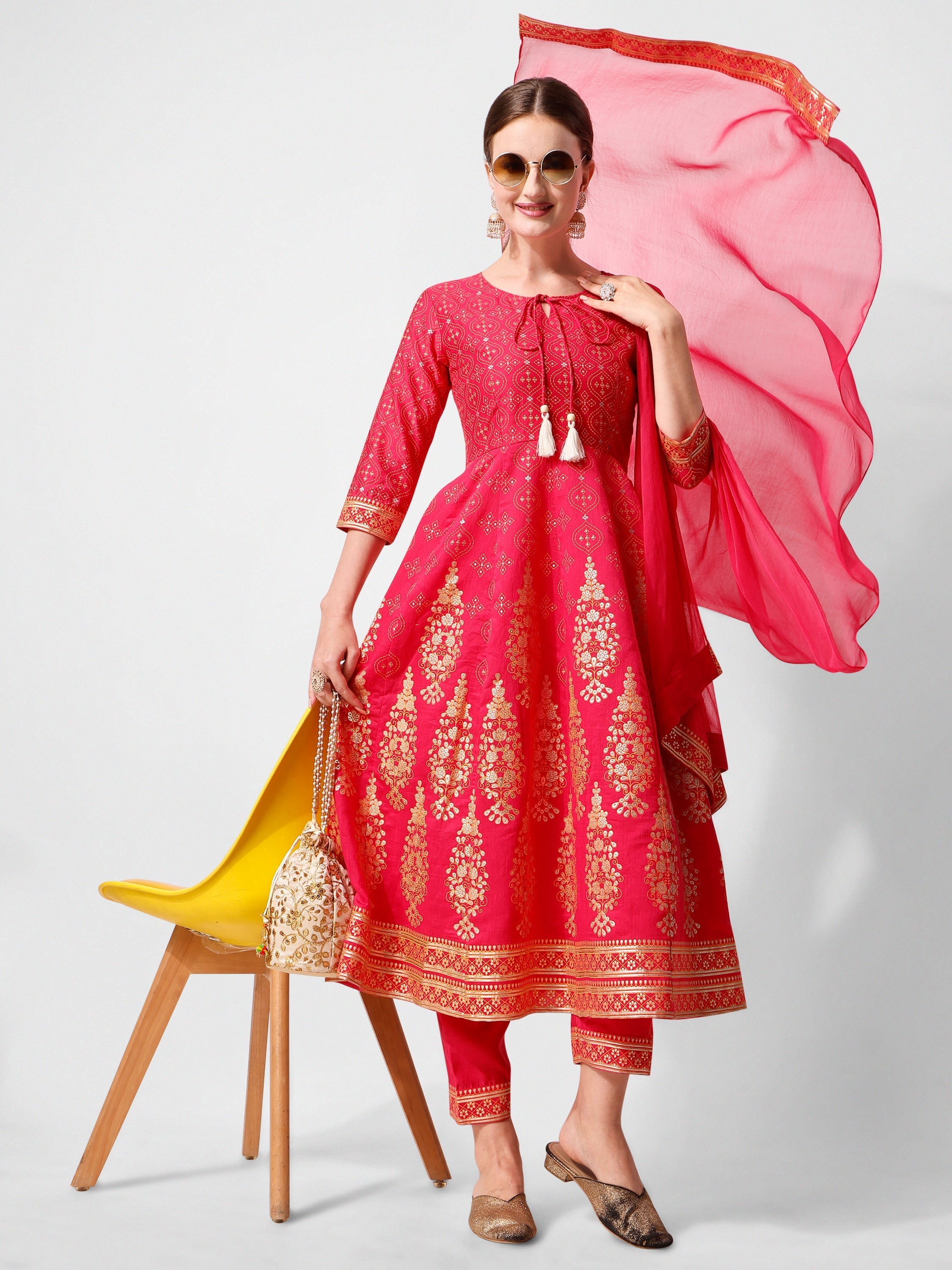 Anarkali Hot Printed Kurta Suit With Pant And Dupatta Set, Multicolor - Hiral Fashion | Grocsy