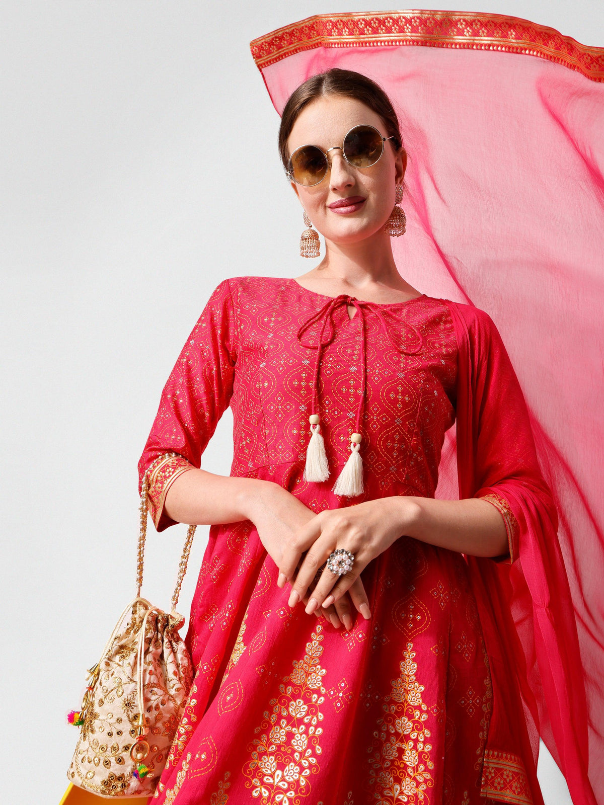 Anarkali Hot Printed Kurta Suit With Pant And Dupatta Set, Multicolor - Hiral Fashion | Grocsy