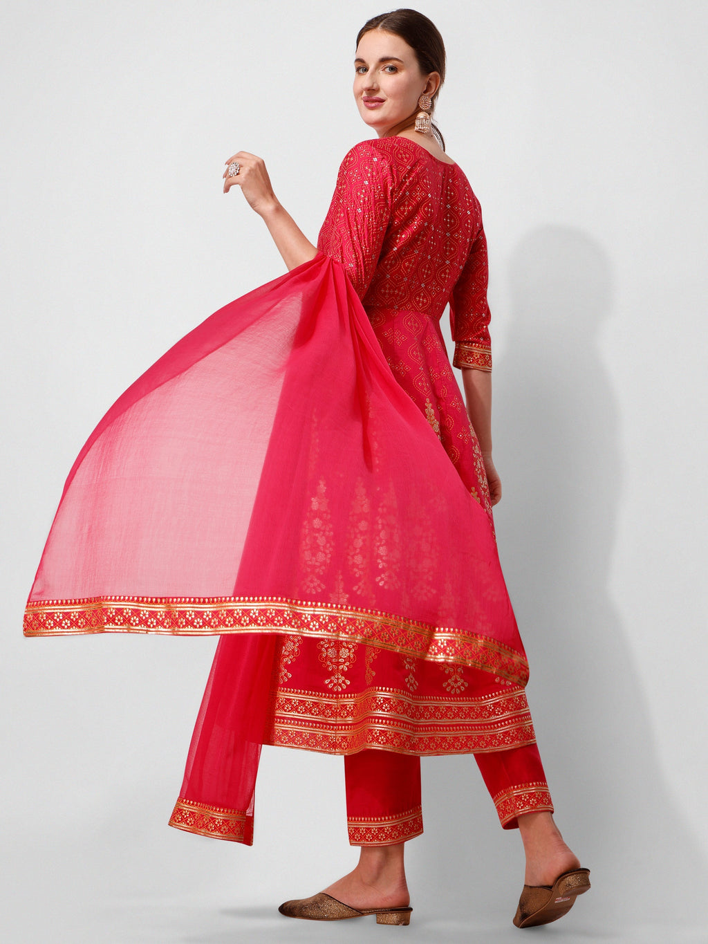 Anarkali Hot Printed Kurta Suit With Pant And Dupatta Set, Multicolor - Hiral Fashion | Grocsy