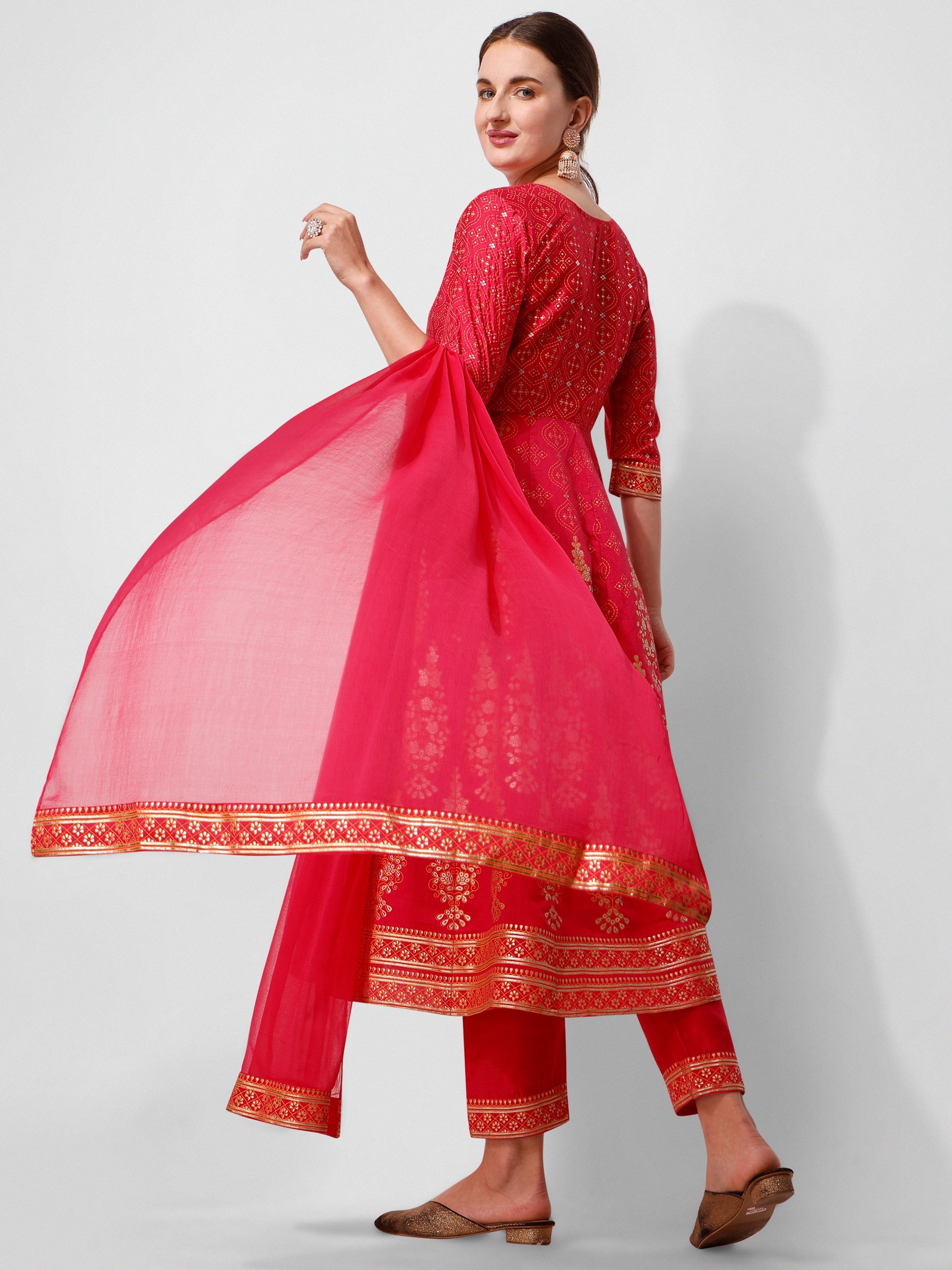 Anarkali Hot Printed Kurta Suit With Pant And Dupatta Set, Multicolor - Hiral Fashion | Grocsy
