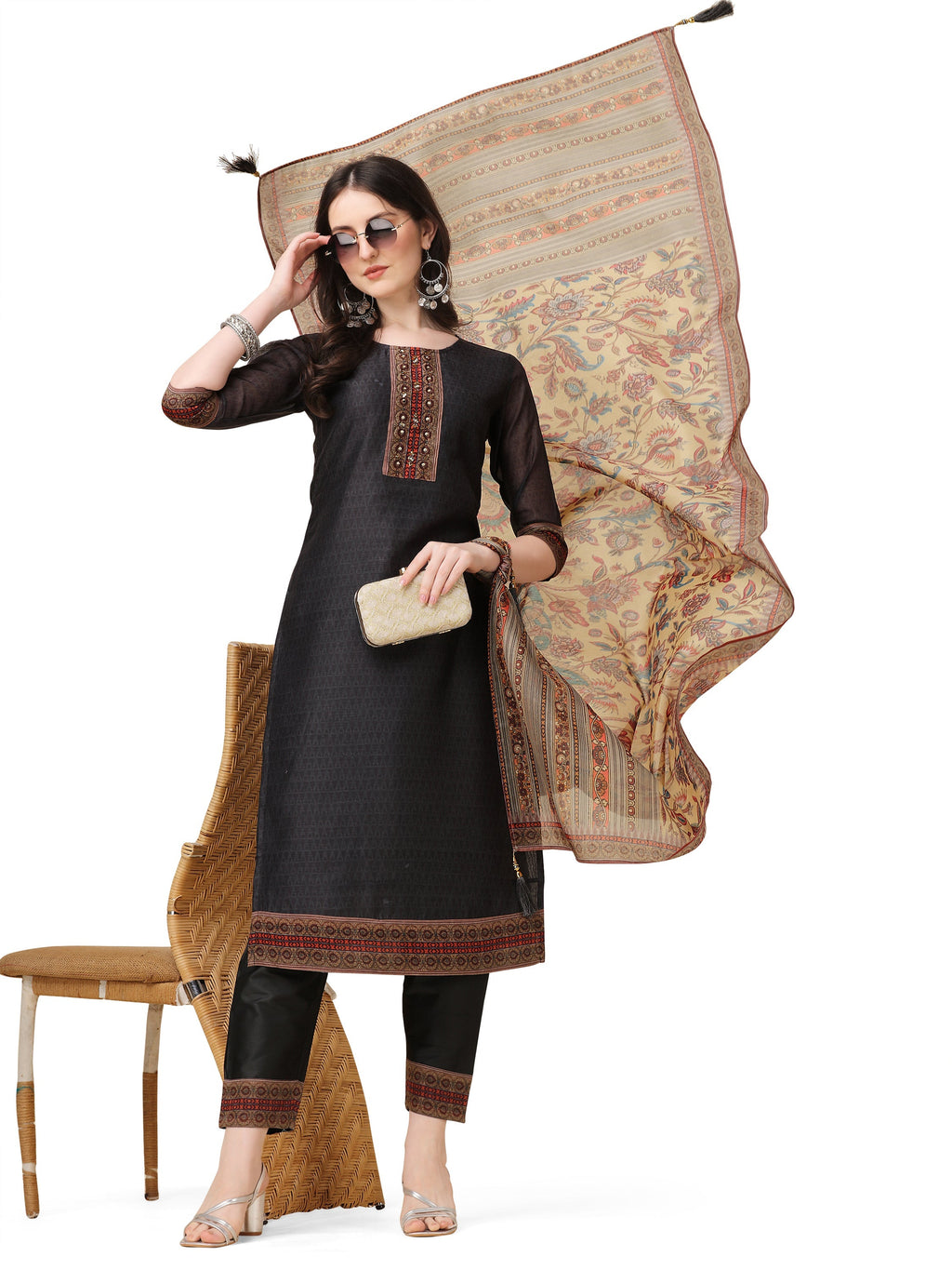 Embroidered And Printed Kurta With And Dupatta Set, Multicolor - Hiral Fashion | Grocsy