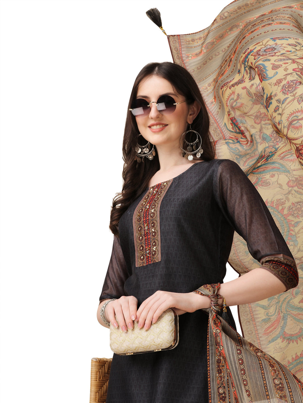 Embroidered And Printed Kurta With And Dupatta Set, Multicolor - Hiral Fashion | Grocsy