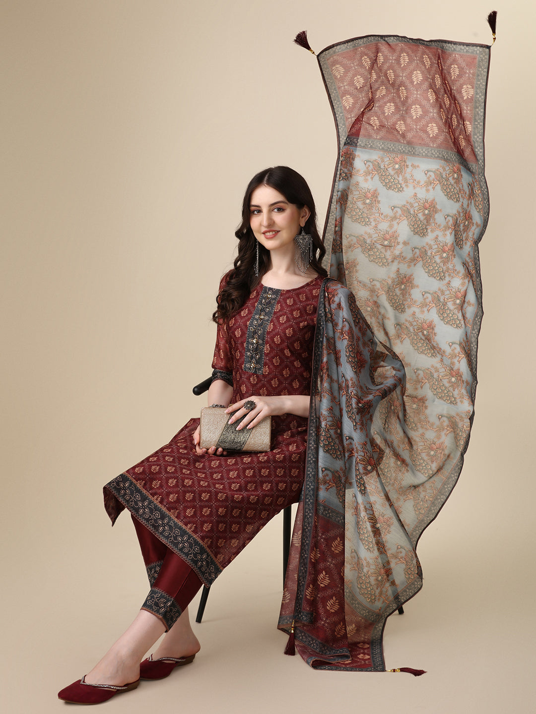 Pinted & Embroidered Kurta With Pant & Dupatta Set, Multicolor - Hiral Fashion | Grocsy