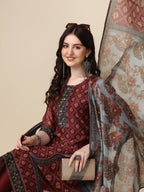 Pinted & Embroidered Kurta With Pant & Dupatta Set, Multicolor - Hiral Fashion | Grocsy