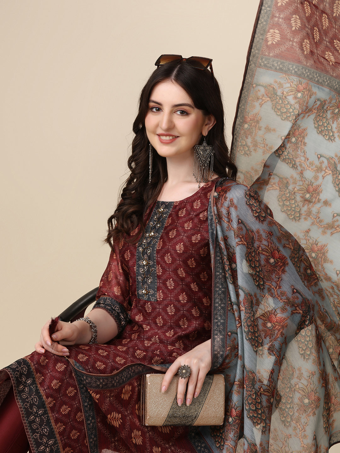 Pinted & Embroidered Kurta With Pant & Dupatta Set, Multicolor - Hiral Fashion | Grocsy