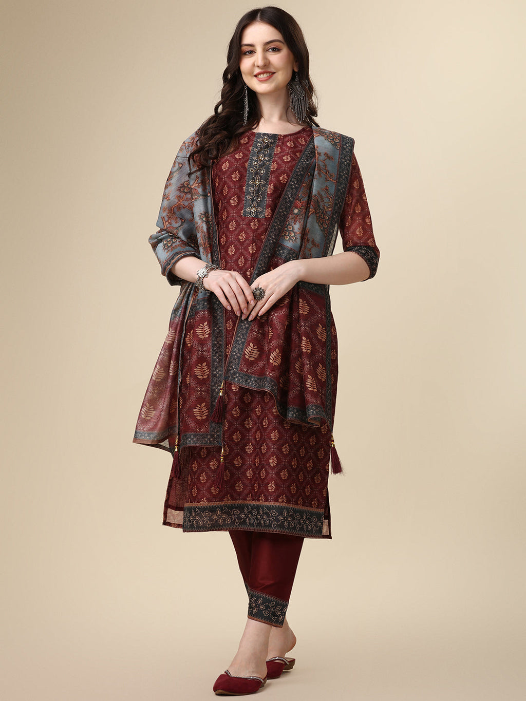 Pinted & Embroidered Kurta With Pant & Dupatta Set, Multicolor - Hiral Fashion | Grocsy
