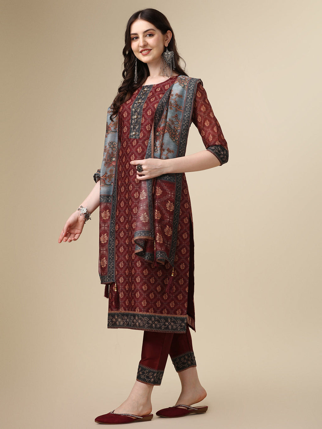 Pinted & Embroidered Kurta With Pant & Dupatta Set, Multicolor - Hiral Fashion | Grocsy