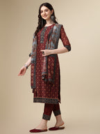 Pinted & Embroidered Kurta With Pant & Dupatta Set, Multicolor - Hiral Fashion | Grocsy