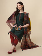 Embroidered Kurta With Pant & Printed Dupatta Set, Multicolor - Hiral Fashion | Grocsy