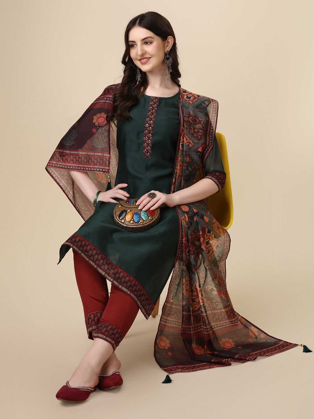 Embroidered Kurta With Pant & Printed Dupatta Set, Multicolor - Hiral Fashion | Grocsy