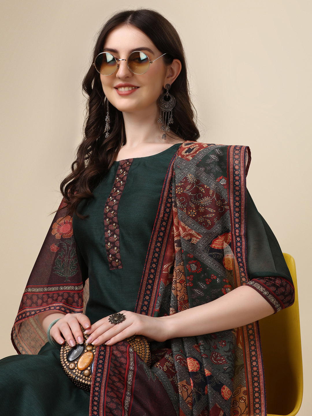 Embroidered Kurta With Pant & Printed Dupatta Set, Multicolor - Hiral Fashion | Grocsy