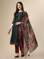 Embroidered Kurta With Pant & Printed Dupatta Set, Multicolor - Hiral Fashion | Grocsy
