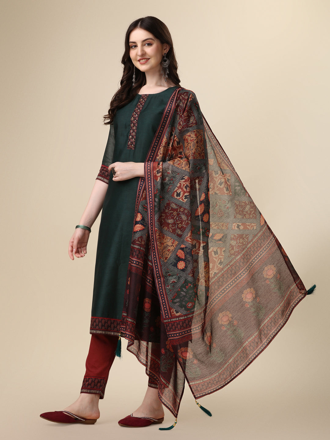 Embroidered Kurta With Pant & Printed Dupatta Set, Multicolor - Hiral Fashion | Grocsy