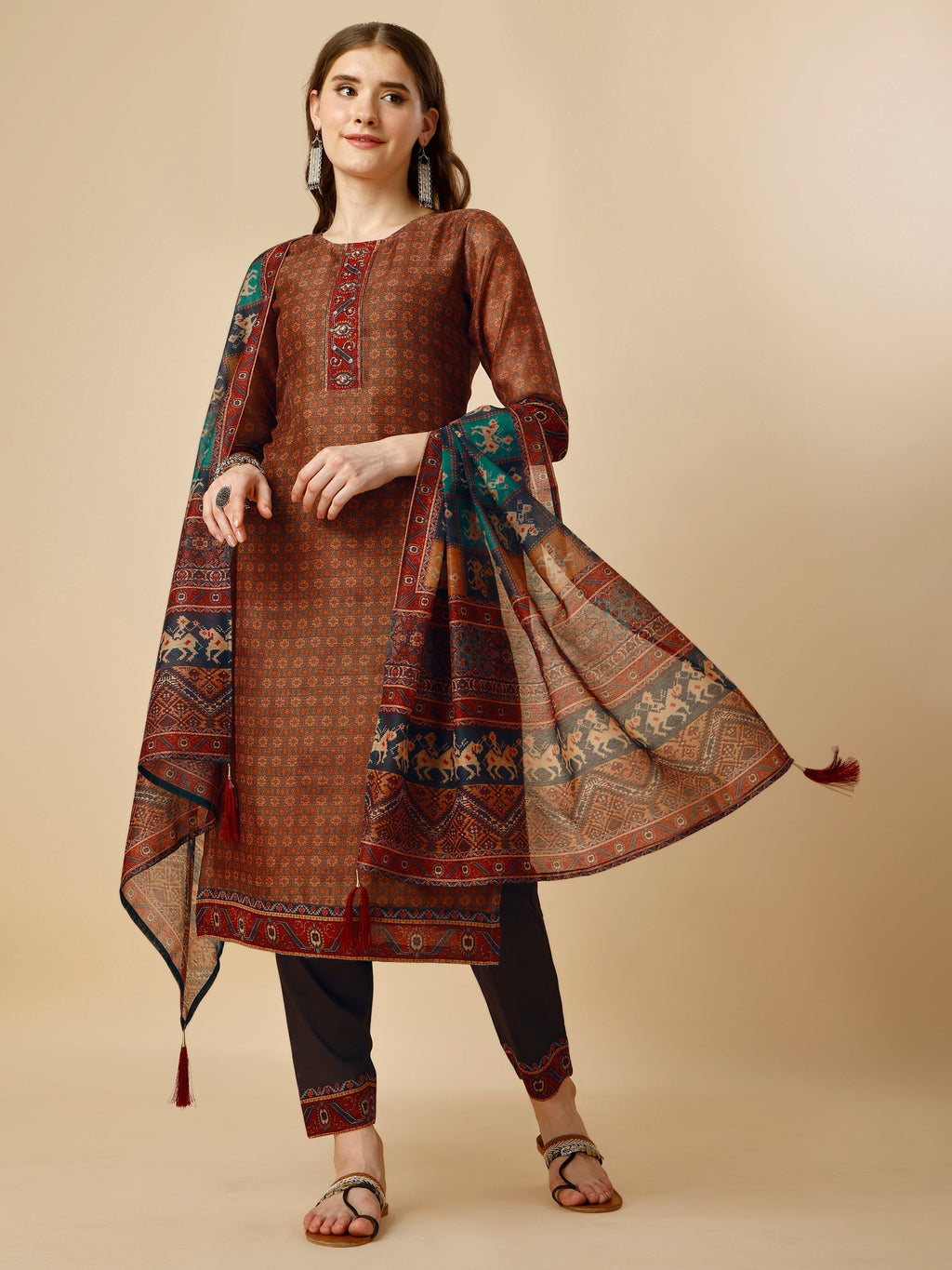 Printed Kurta With Pant And Printed Dupatta Set, Multicolor - Hiral Fashion | Grocsy