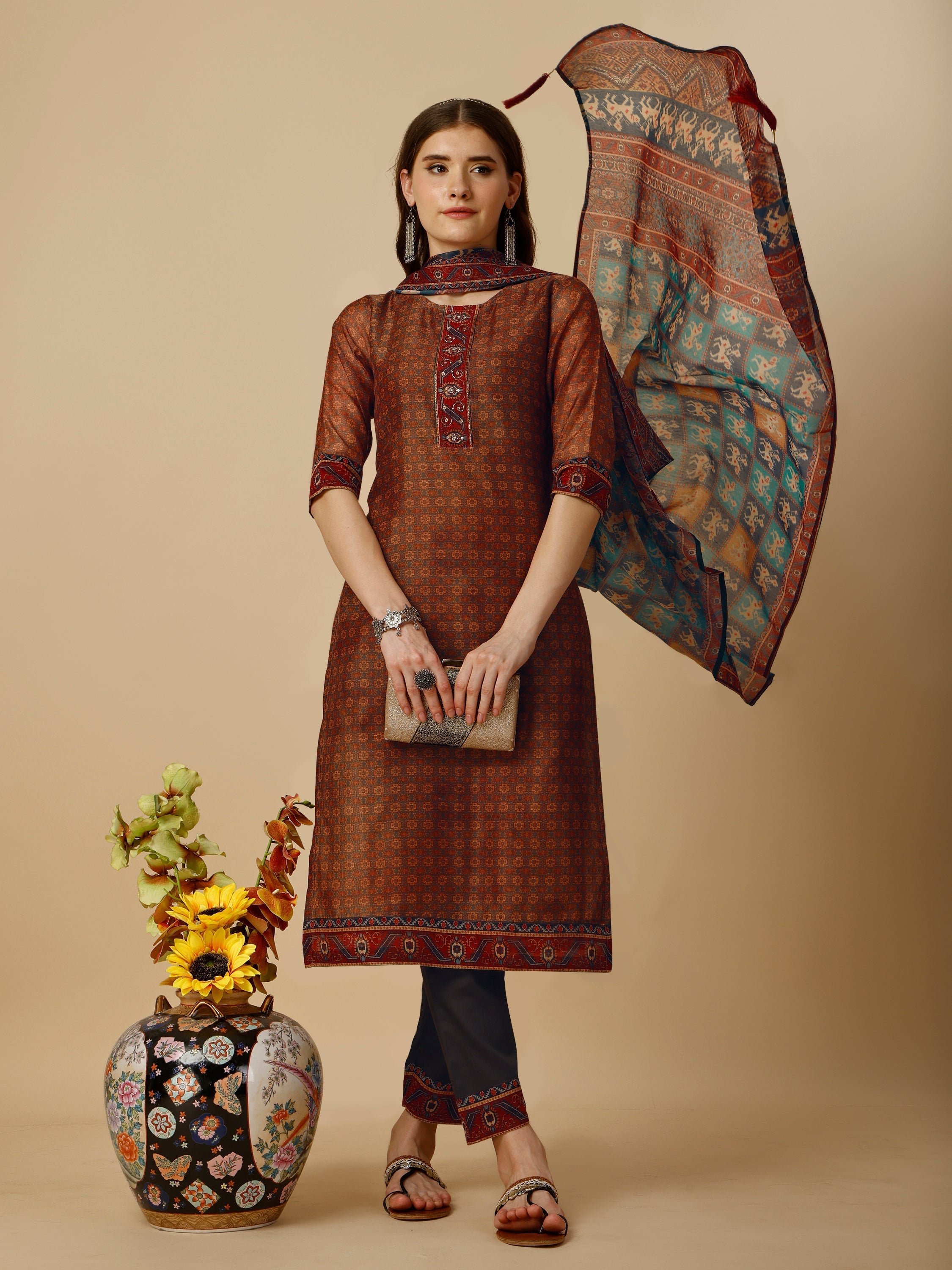 Printed Kurta With Pant And Printed Dupatta Set, Multicolor - Hiral Fashion | Grocsy