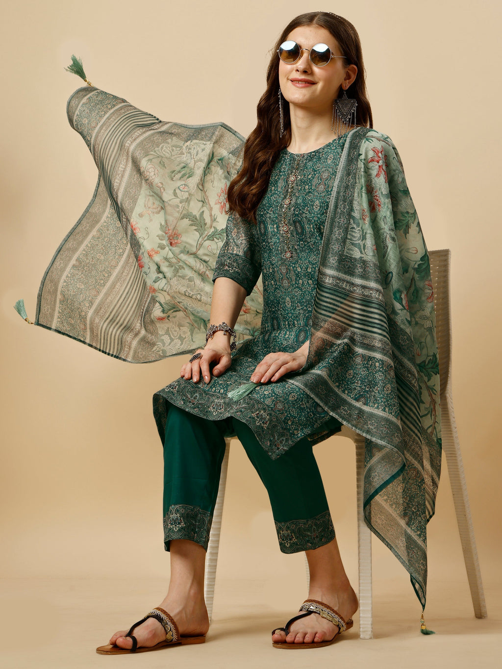 Printed Kurta With Pant And Dupatta Set, Multicolor - Hiral Fashion | Grocsy