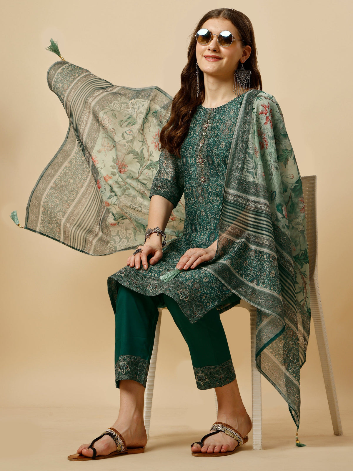 Printed Kurta With Pant And Dupatta Set, Multicolor - Hiral Fashion | Grocsy