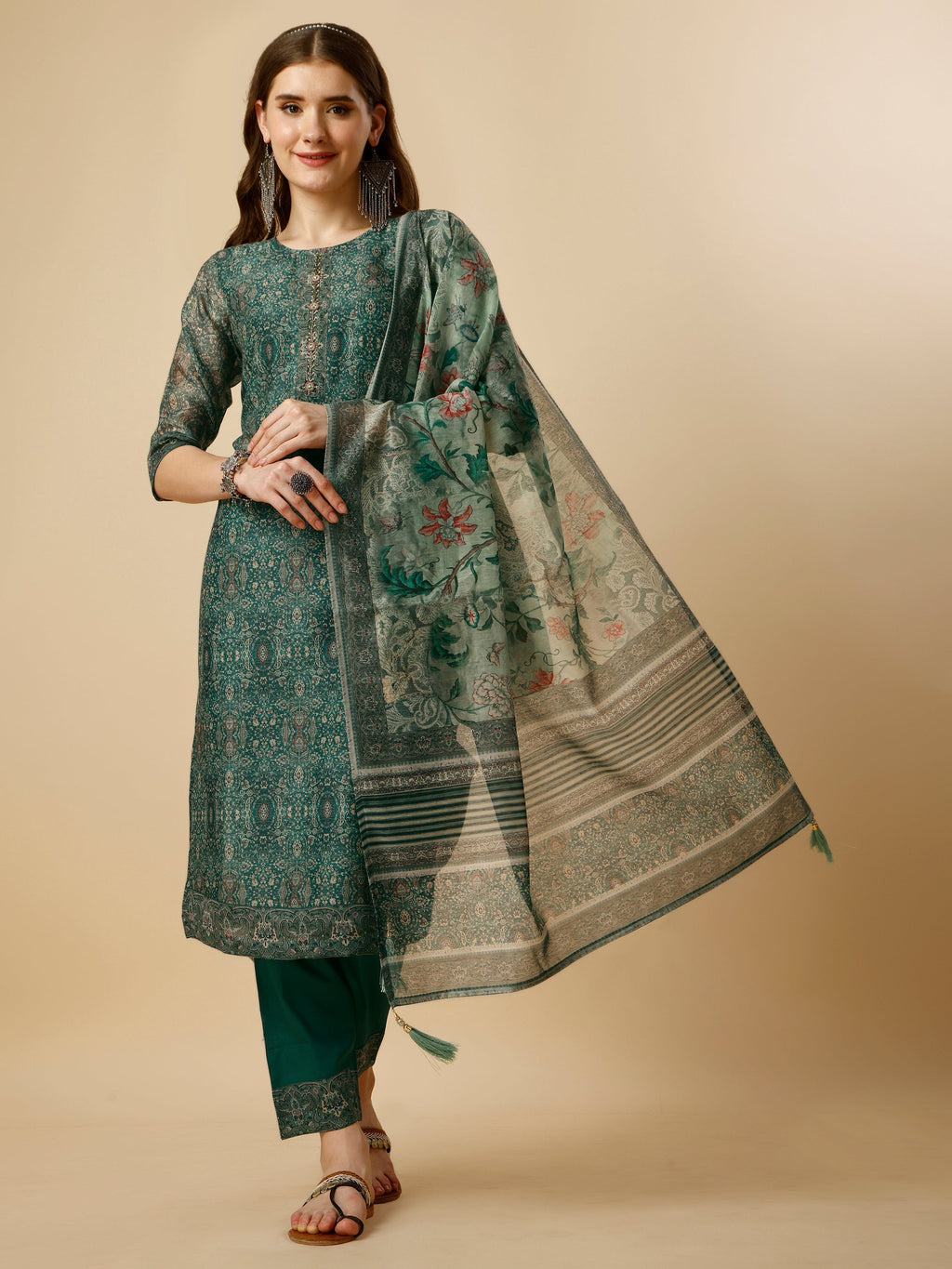 Printed Kurta With Pant And Dupatta Set, Multicolor - Hiral Fashion | Grocsy
