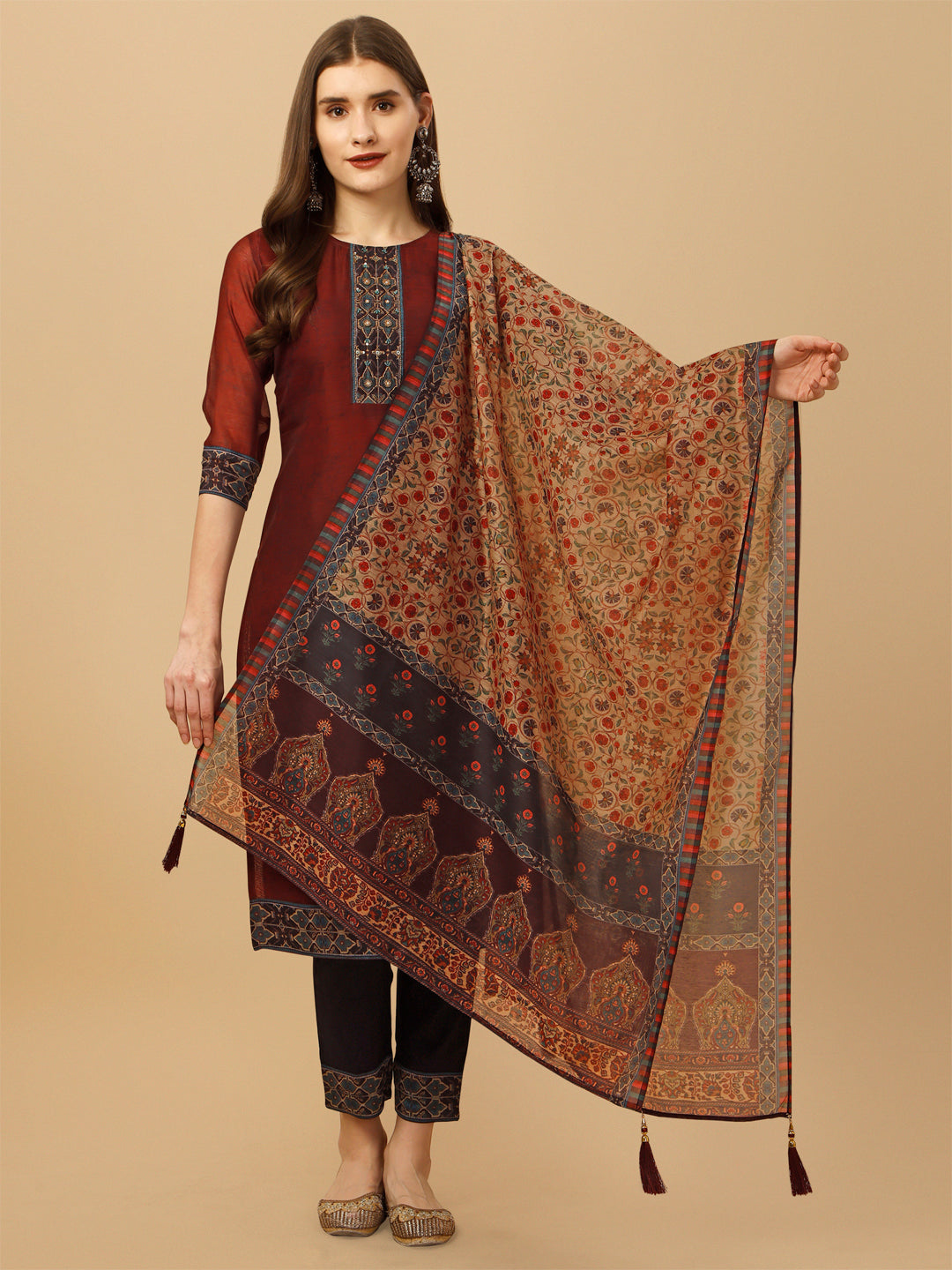 Embroidered And Printed Kurta With Pant And Dupatta Set, Multicolor - Hiral Fashion | Grocsy