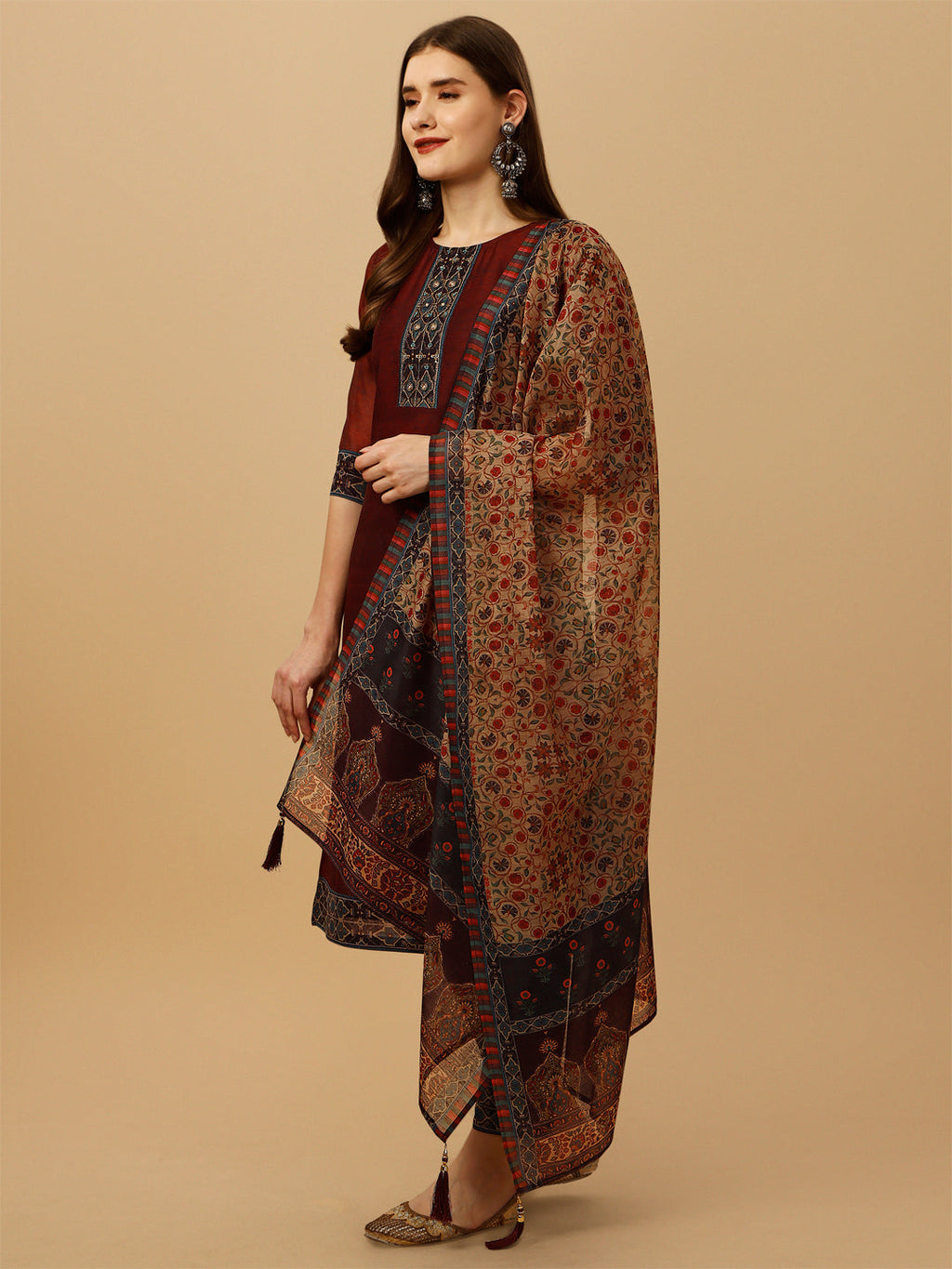 Embroidered And Printed Kurta With Pant And Dupatta Set, Multicolor - Hiral Fashion | Grocsy