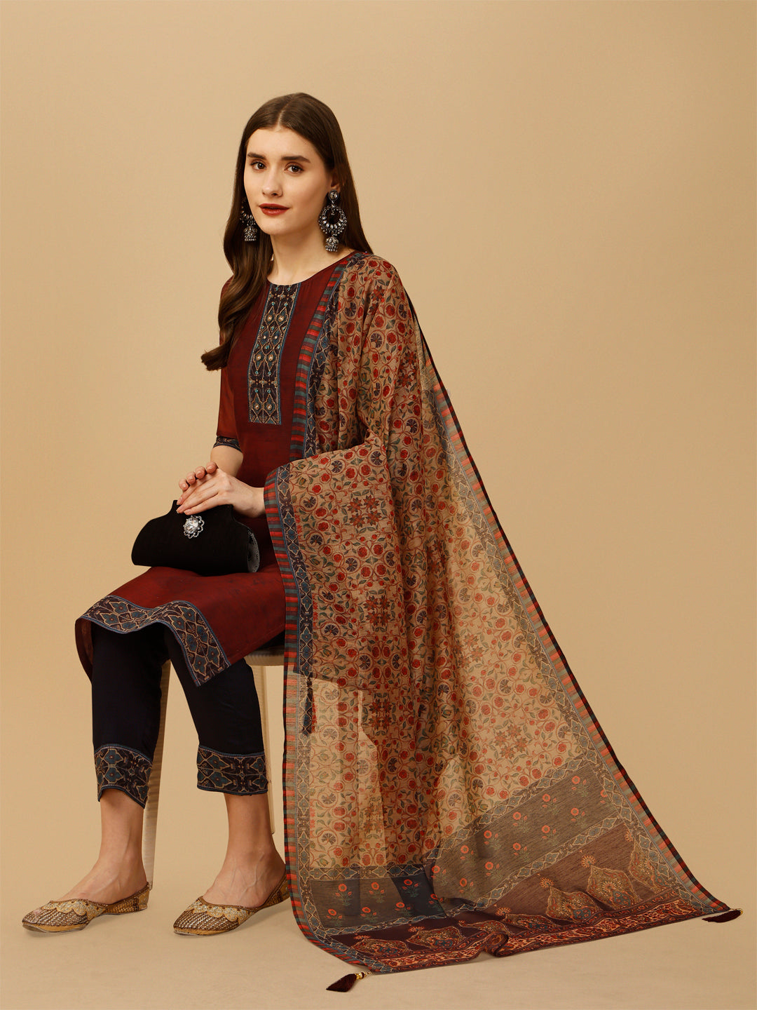 Embroidered And Printed Kurta With Pant And Dupatta Set, Multicolor - Hiral Fashion | Grocsy