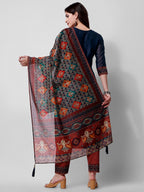Embroidered Kurta With Pant And Printed Dupatta Set, Multicolor - Hiral Fashion | Grocsy