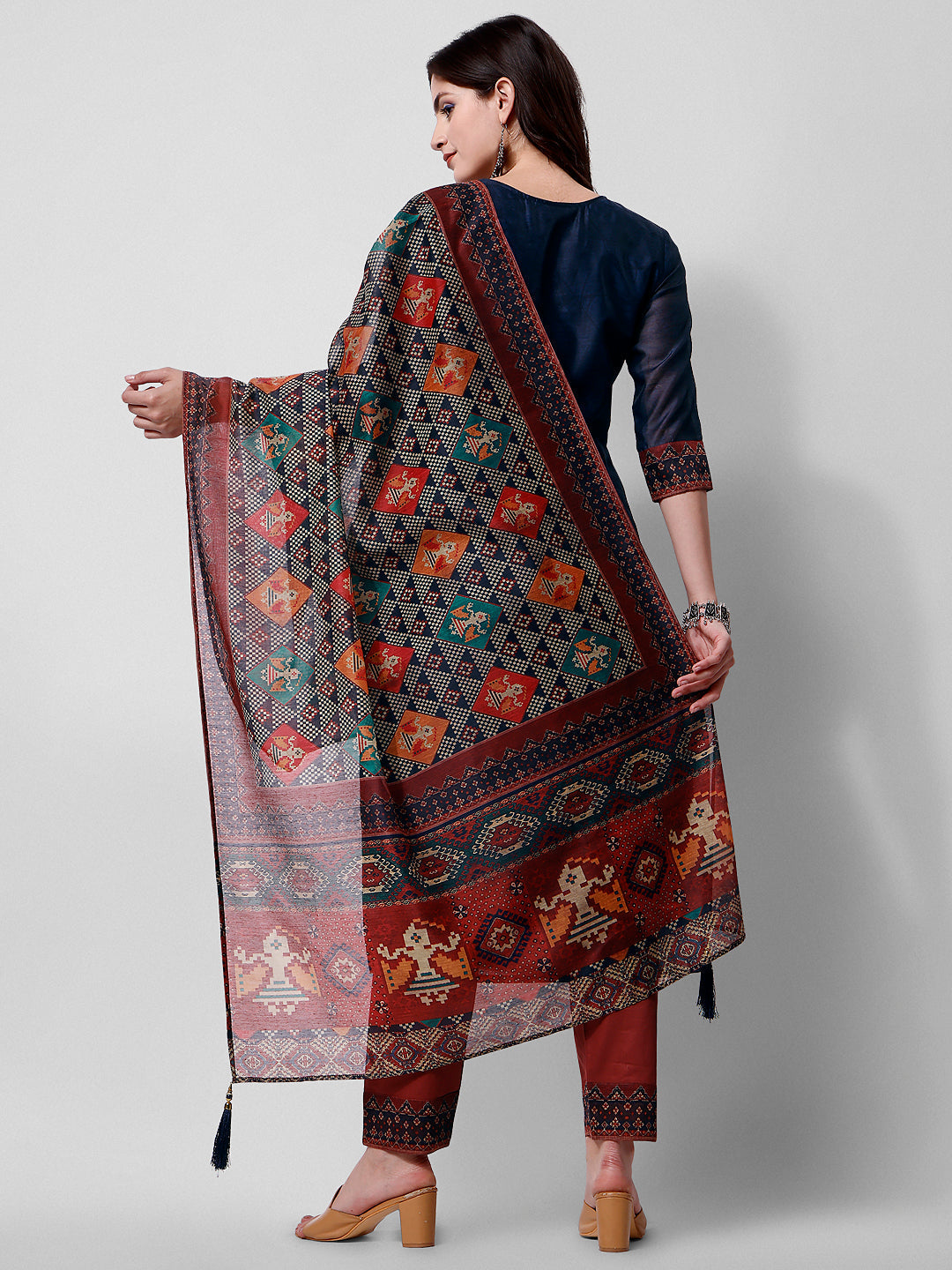 Embroidered Kurta With Pant And Printed Dupatta Set, Multicolor - Hiral Fashion | Grocsy