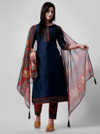 Embroidered Kurta With Pant And Printed Dupatta Set, Multicolor - Hiral Fashion | Grocsy