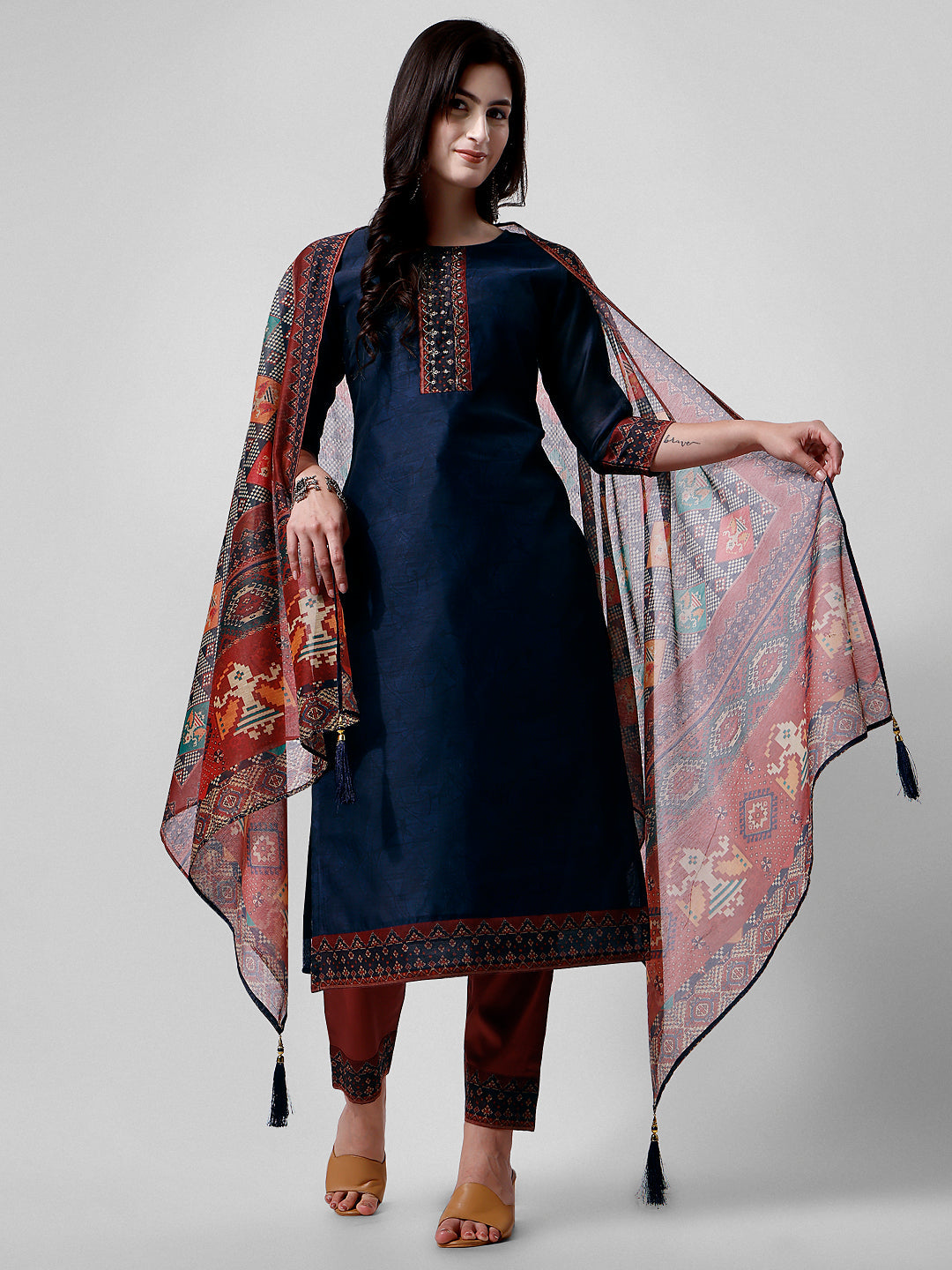 Embroidered Kurta With Pant And Printed Dupatta Set, Multicolor - Hiral Fashion | Grocsy