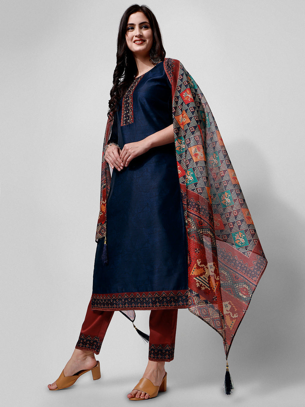 Embroidered Kurta With Pant And Printed Dupatta Set, Multicolor - Hiral Fashion | Grocsy