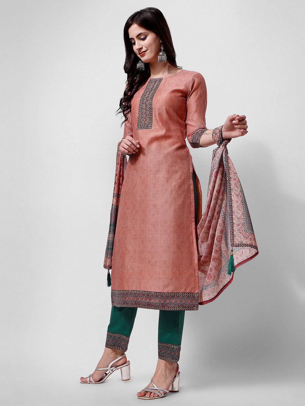 Embroidered Kurta With Pant And Dupatta Set, Multicolor - Hiral Fashion | Grocsy