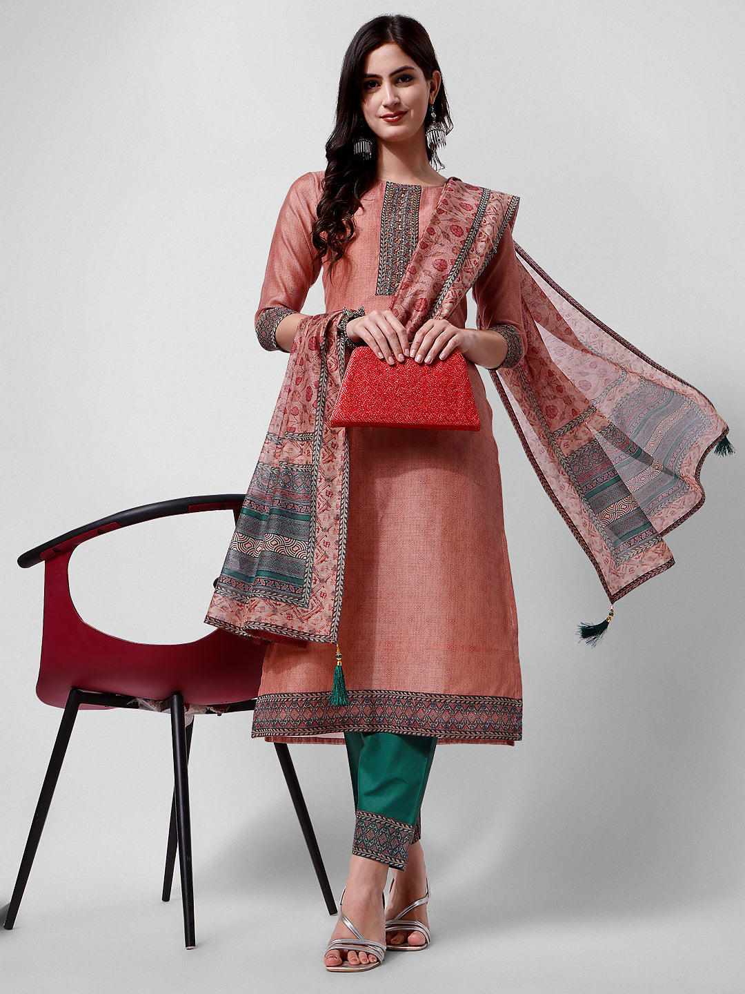 Embroidered Kurta With Pant And Dupatta Set, Multicolor - Hiral Fashion | Grocsy