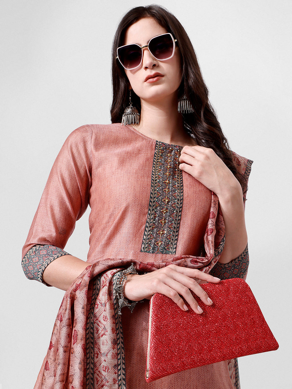 Embroidered Kurta With Pant And Dupatta Set, Multicolor - Hiral Fashion | Grocsy
