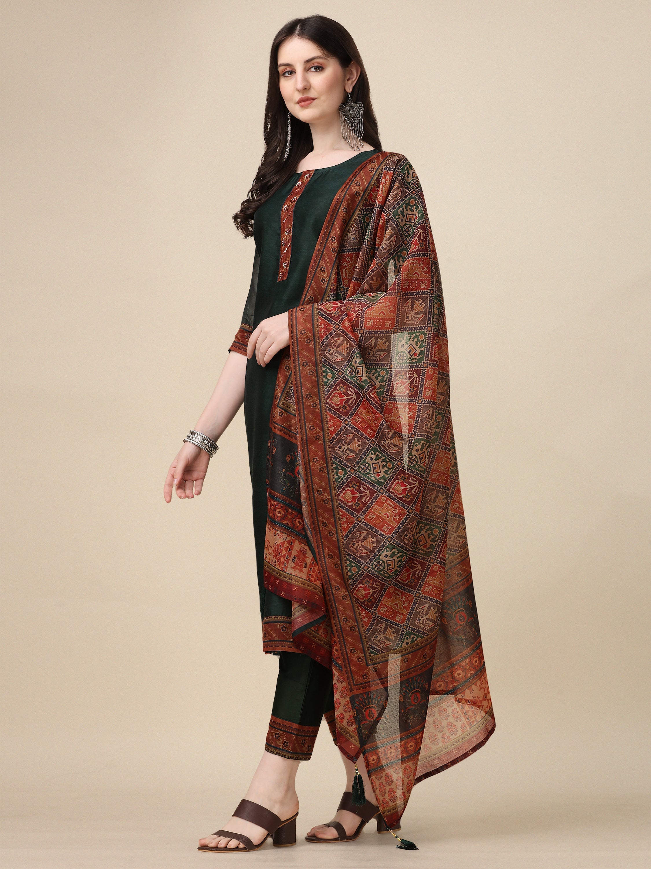 Hand Embroidered Kurta With Pant And Dupatta Set, Multicolor - Hiral Fashion | Grocsy