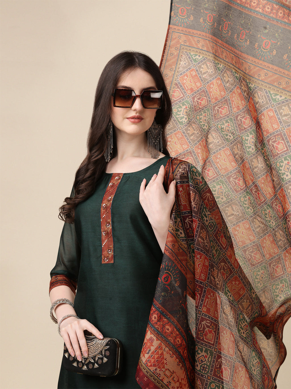 Hand Embroidered Kurta With Pant And Dupatta Set, Multicolor - Hiral Fashion | Grocsy
