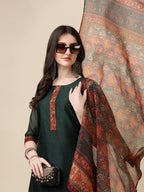 Hand Embroidered Kurta With Pant And Dupatta Set, Multicolor - Hiral Fashion | Grocsy