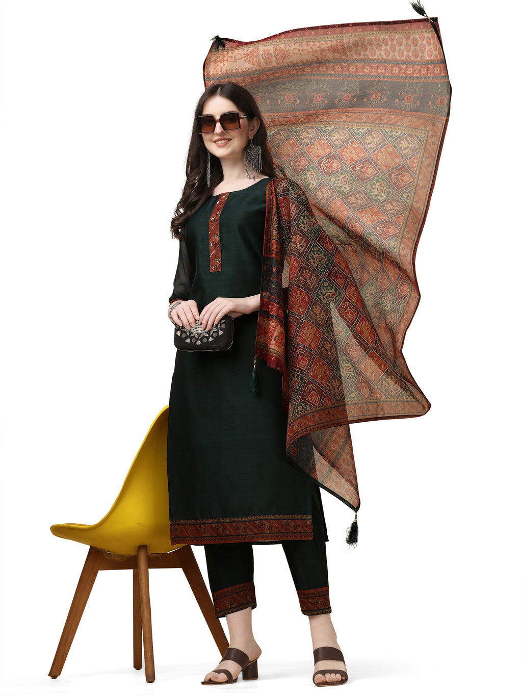 Hand Embroidered Kurta With Pant And Dupatta Set, Multicolor - Hiral Fashion | Grocsy