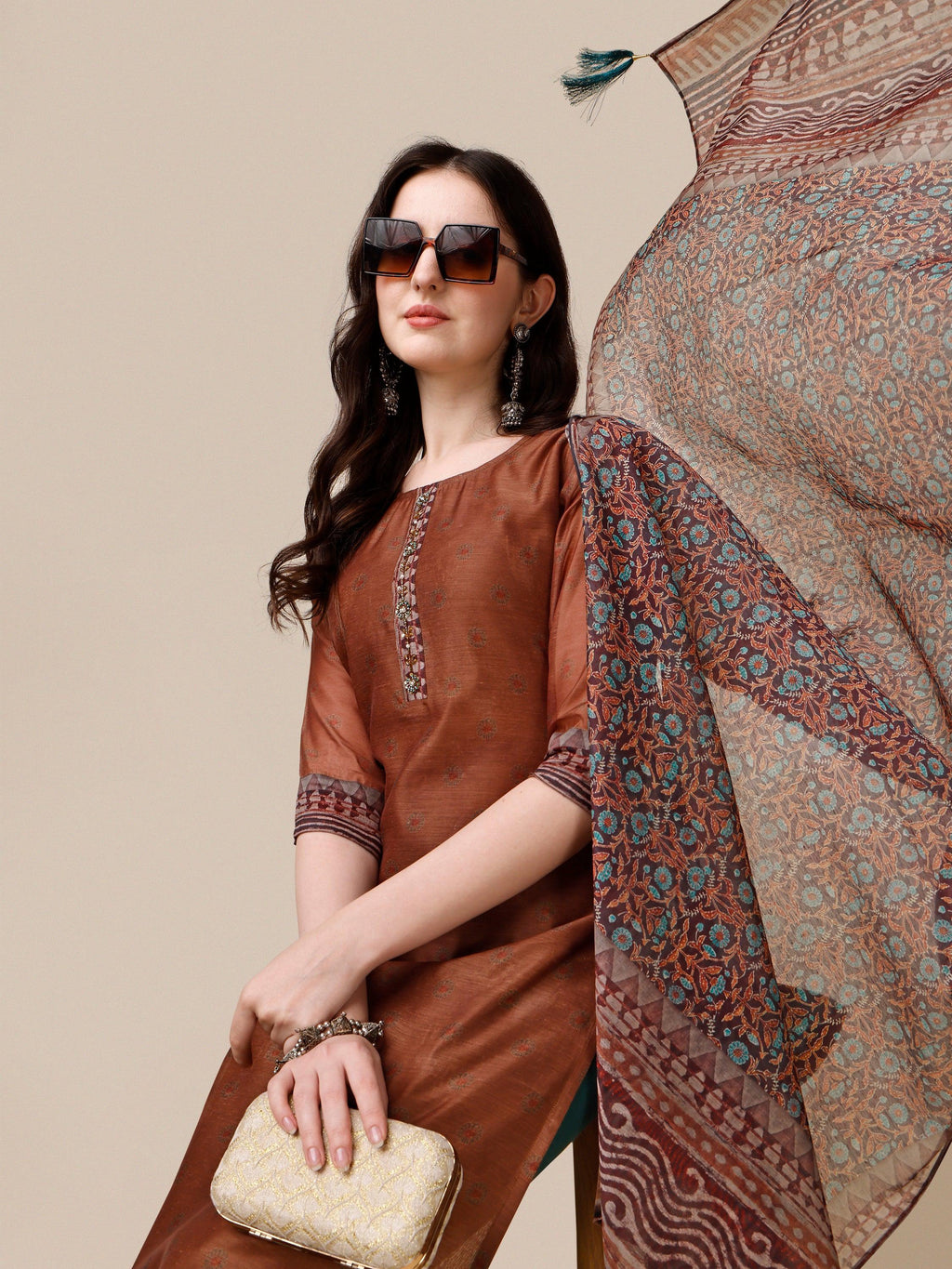 Kurta With Pant And Printed Dupatta Set, Multicolor - Hiral Fashion | Grocsy