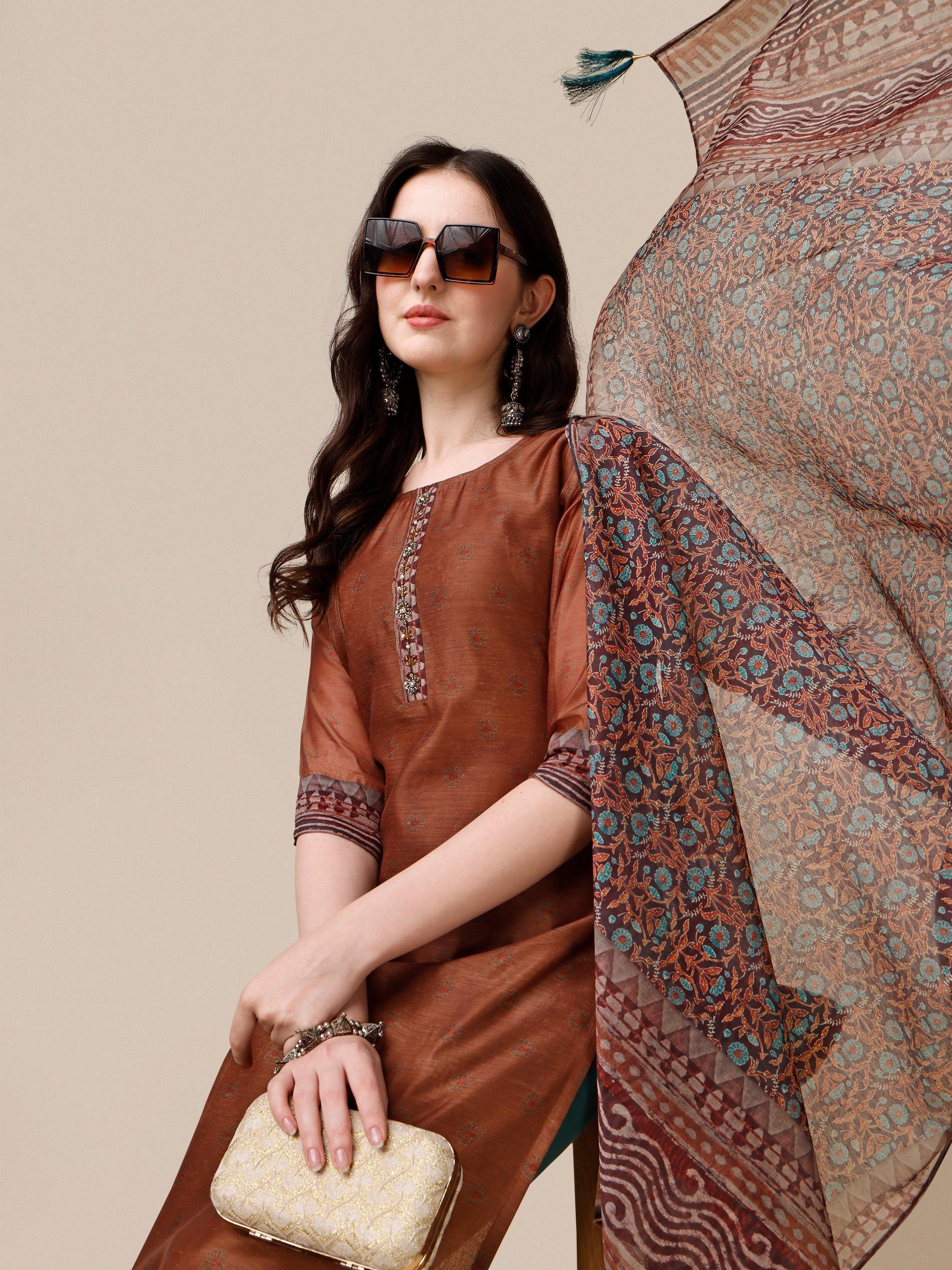 Kurta With Pant And Printed Dupatta Set, Multicolor - Hiral Fashion | Grocsy