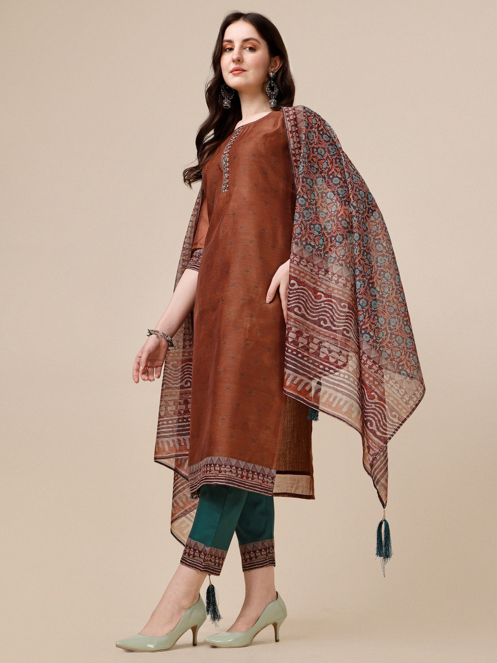Kurta With Pant And Printed Dupatta Set, Multicolor - Hiral Fashion | Grocsy