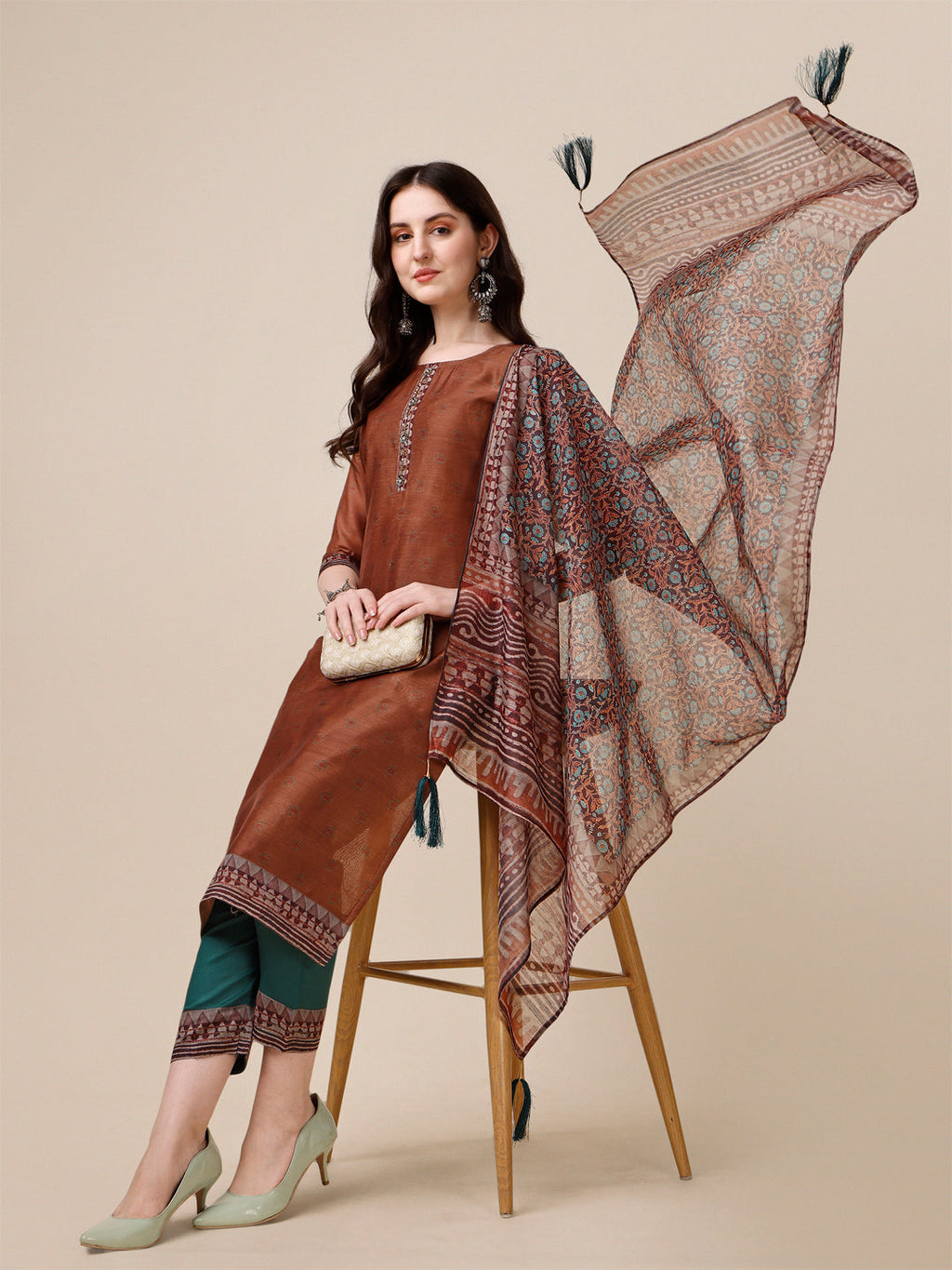 Kurta With Pant And Printed Dupatta Set, Multicolor - Hiral Fashion | Grocsy